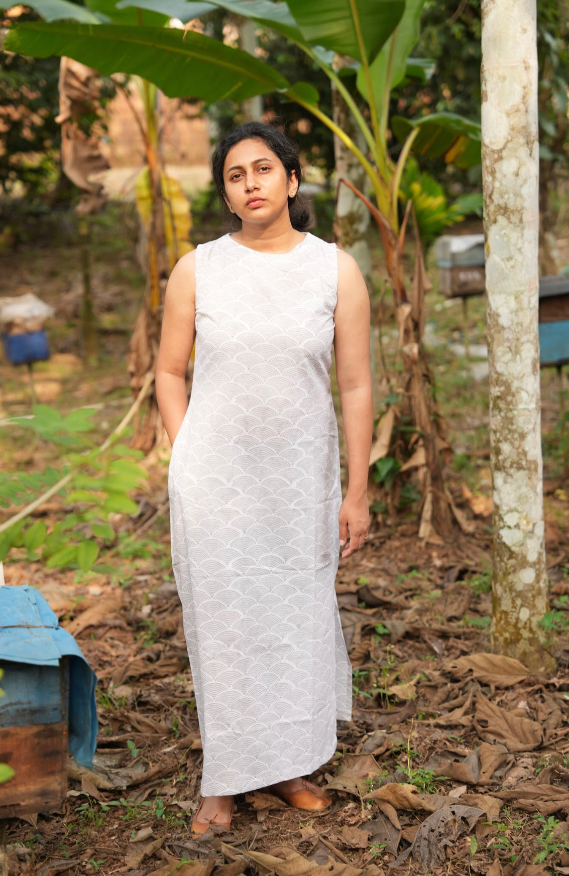 White sleeveless maxi dress for women. Buy this pure cotton dress for comfort and style.