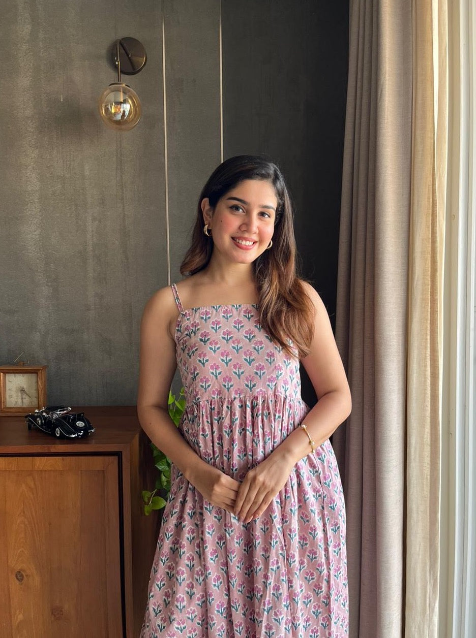 Shop our pink hand block print maxi dress design for a light, breezy summer look. Comfortable and stylish for warm days.