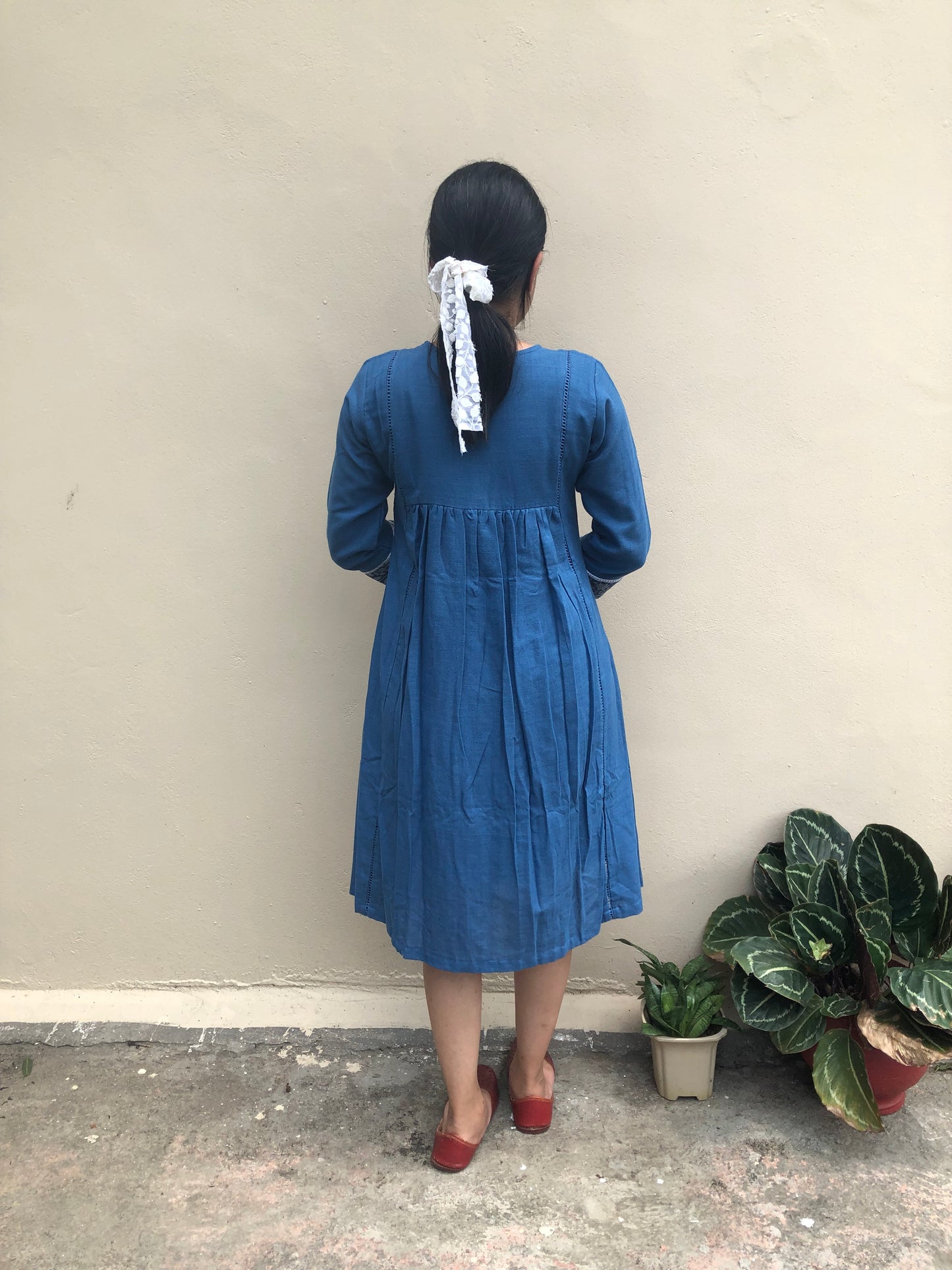 Indigo Khadi Handloom Cotton Midi Dress