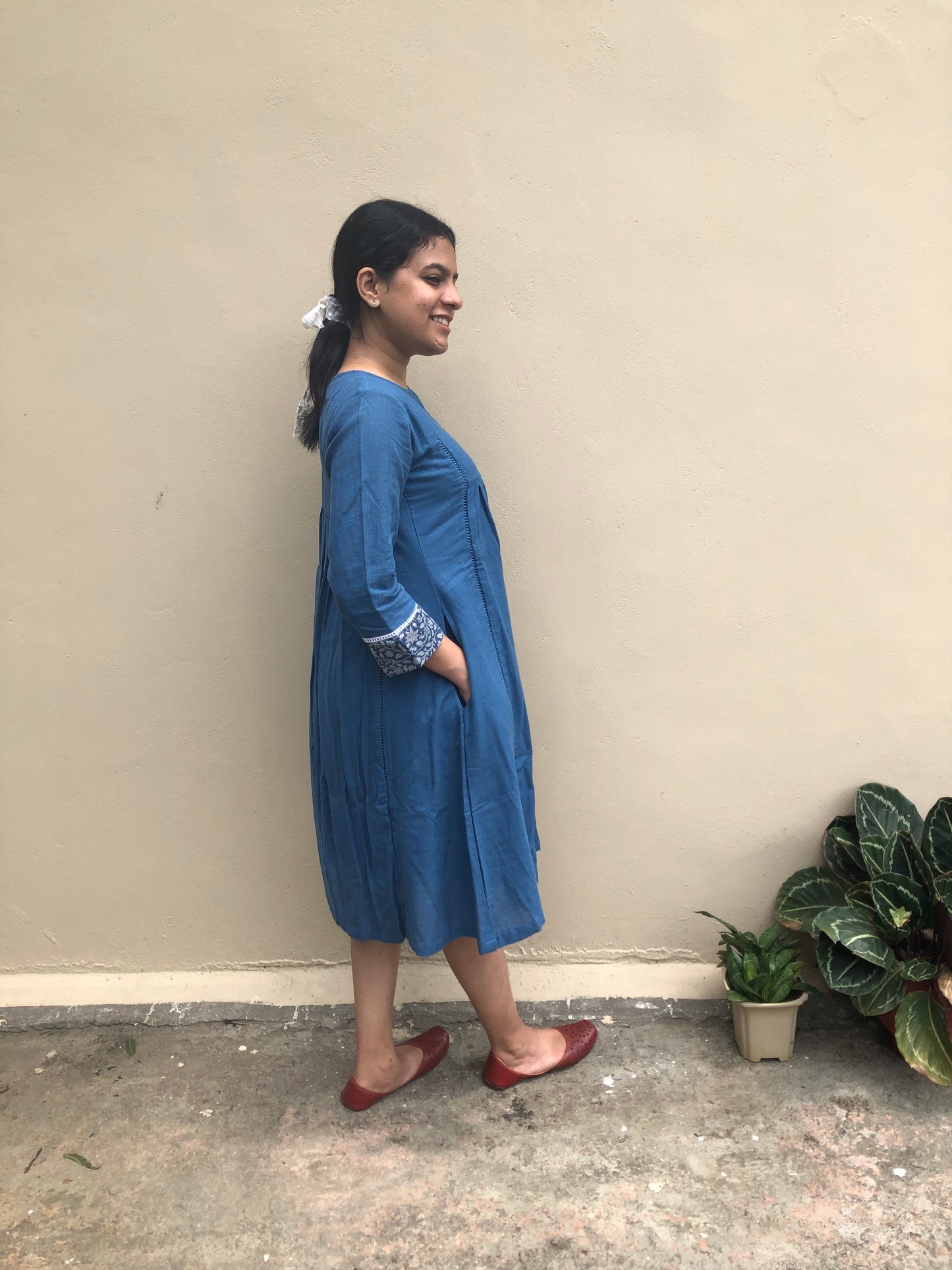 Indigo Khadi Handloom Cotton Midi Dress