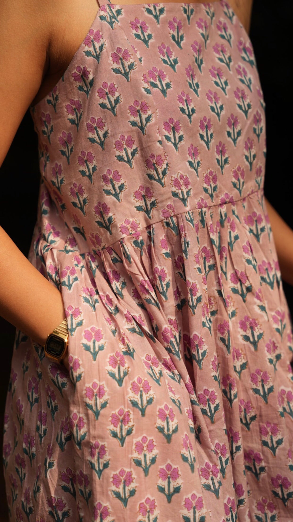 Find your perfect spaghetti strap dress cotton. Shop our pink hand block print design for a light, breezy summer look. Comfortable and stylish for warm days.