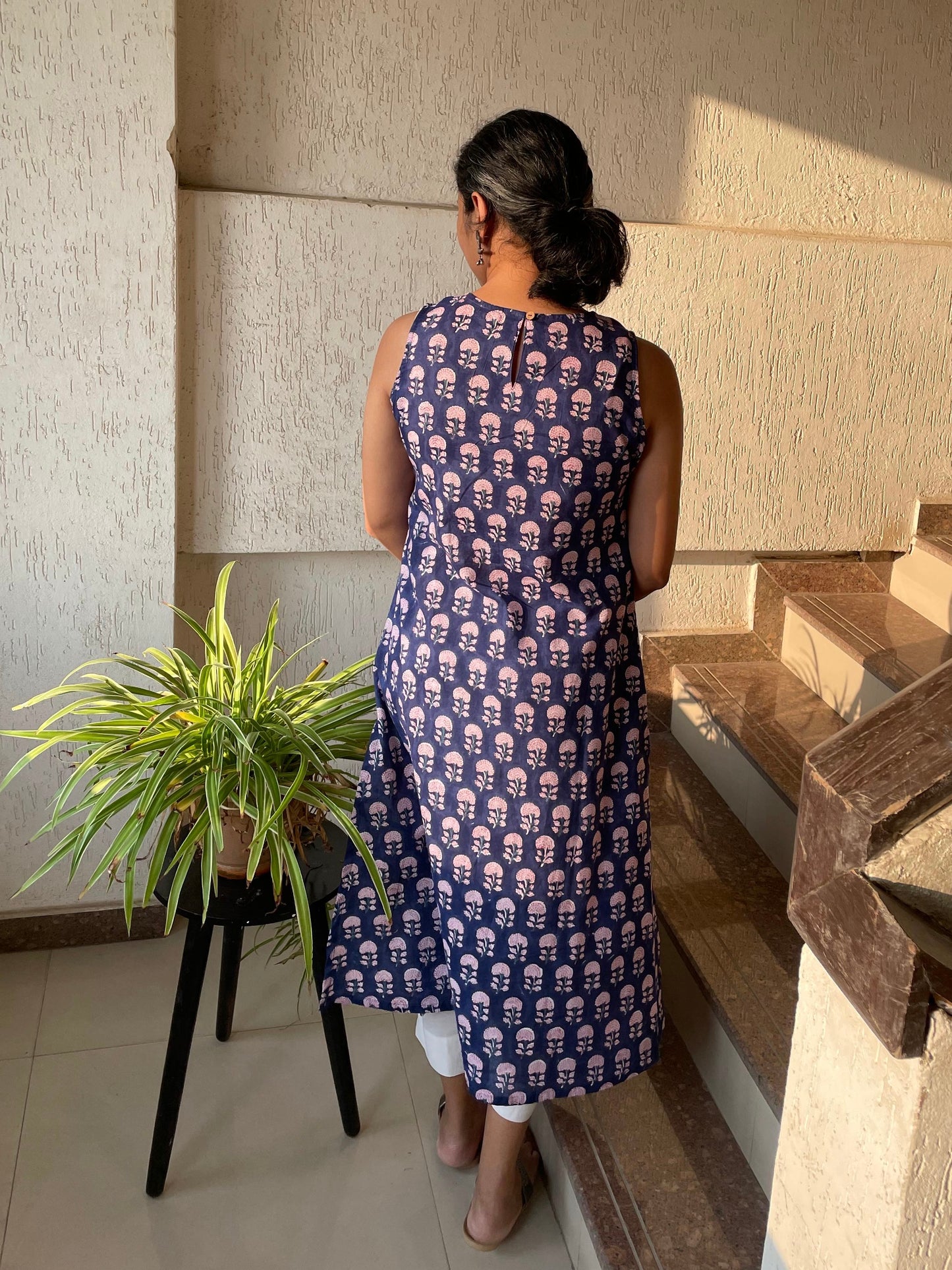 comfortable cotton kurtis for summer online. Shop our navy blue sleeveless hand block printed kurta for effortless summer style and breathable comfort.