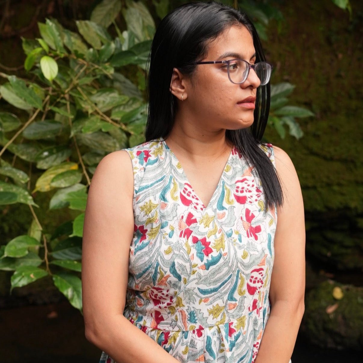White hand block print cotton wrap dress for women.