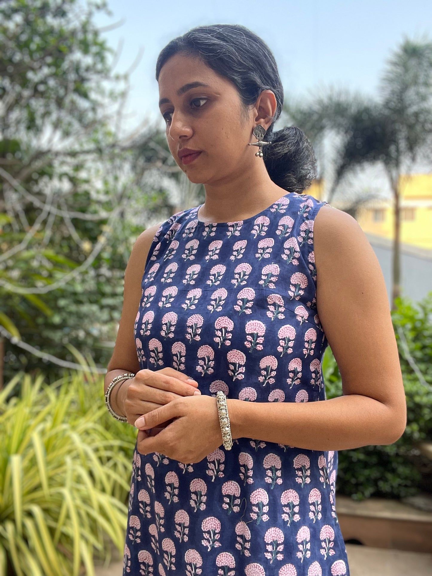 comfortable cotton kurtis for summer online. Shop our navy blue sleeveless hand block printed kurta for effortless summer style and breathable comfort.