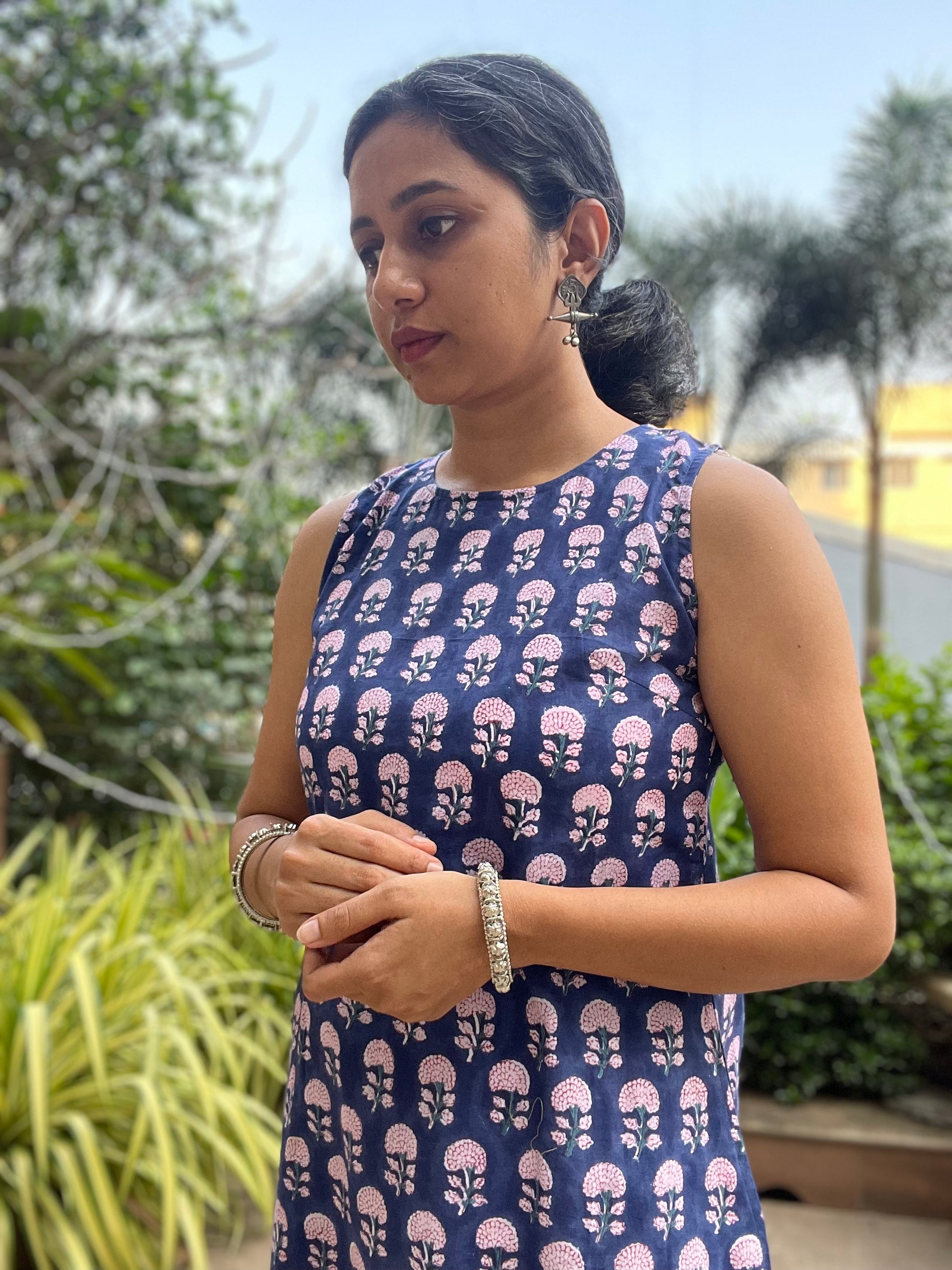 comfortable cotton kurtis for summer online. Shop our navy blue sleeveless hand block printed kurta for effortless summer style and breathable comfort.