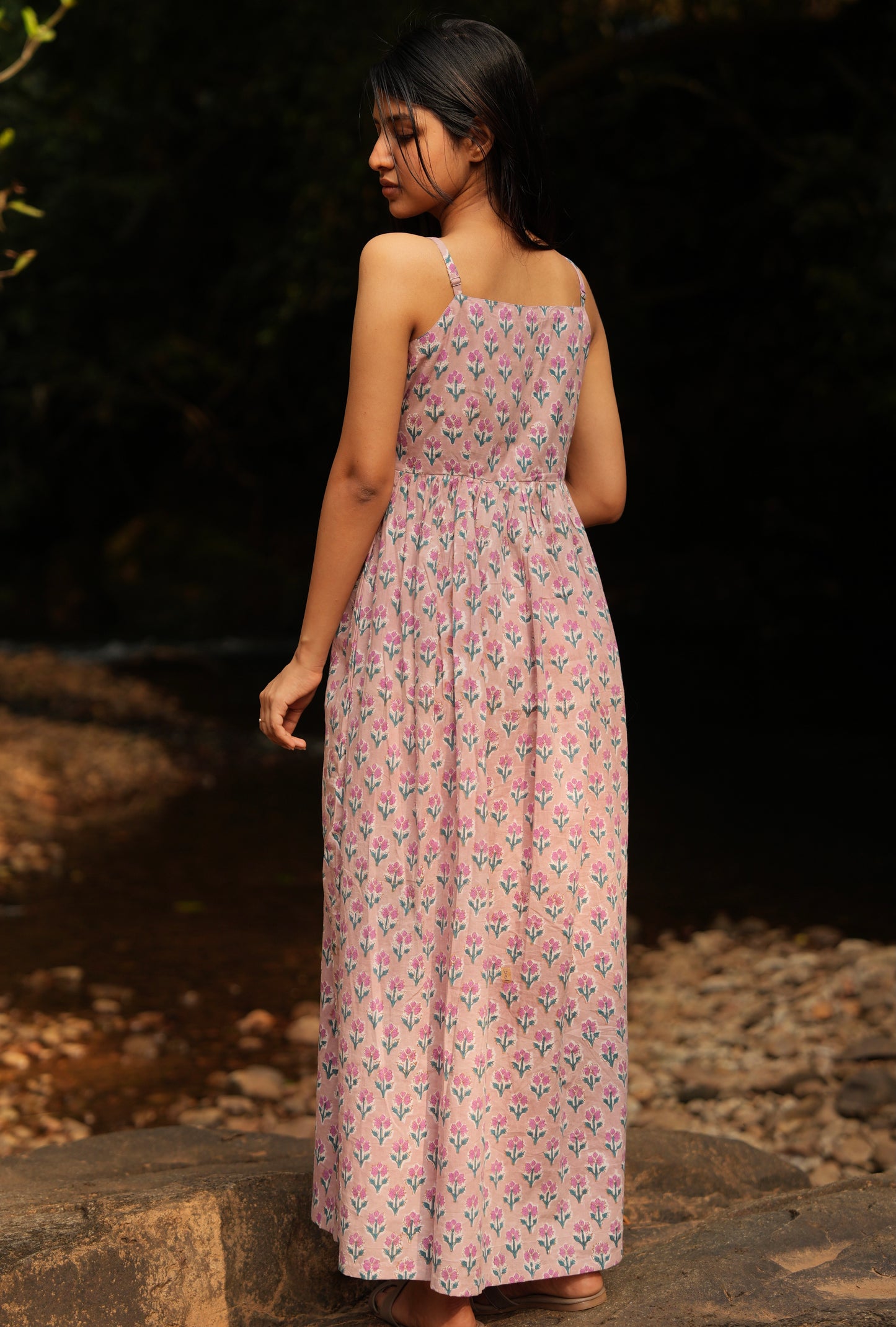 Your perfect spaghetti strap dress cotton. Shop our pink hand block print design for a light, breezy summer look. Comfortable and stylish for warm days.