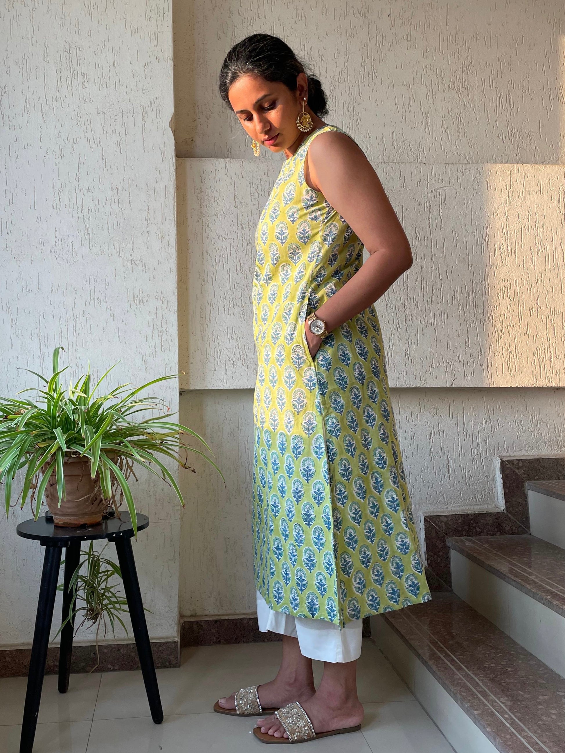 Shop our hand block printed sleeveless kurta for women. Comfortable, chic, and perfect for everyday elegance.
