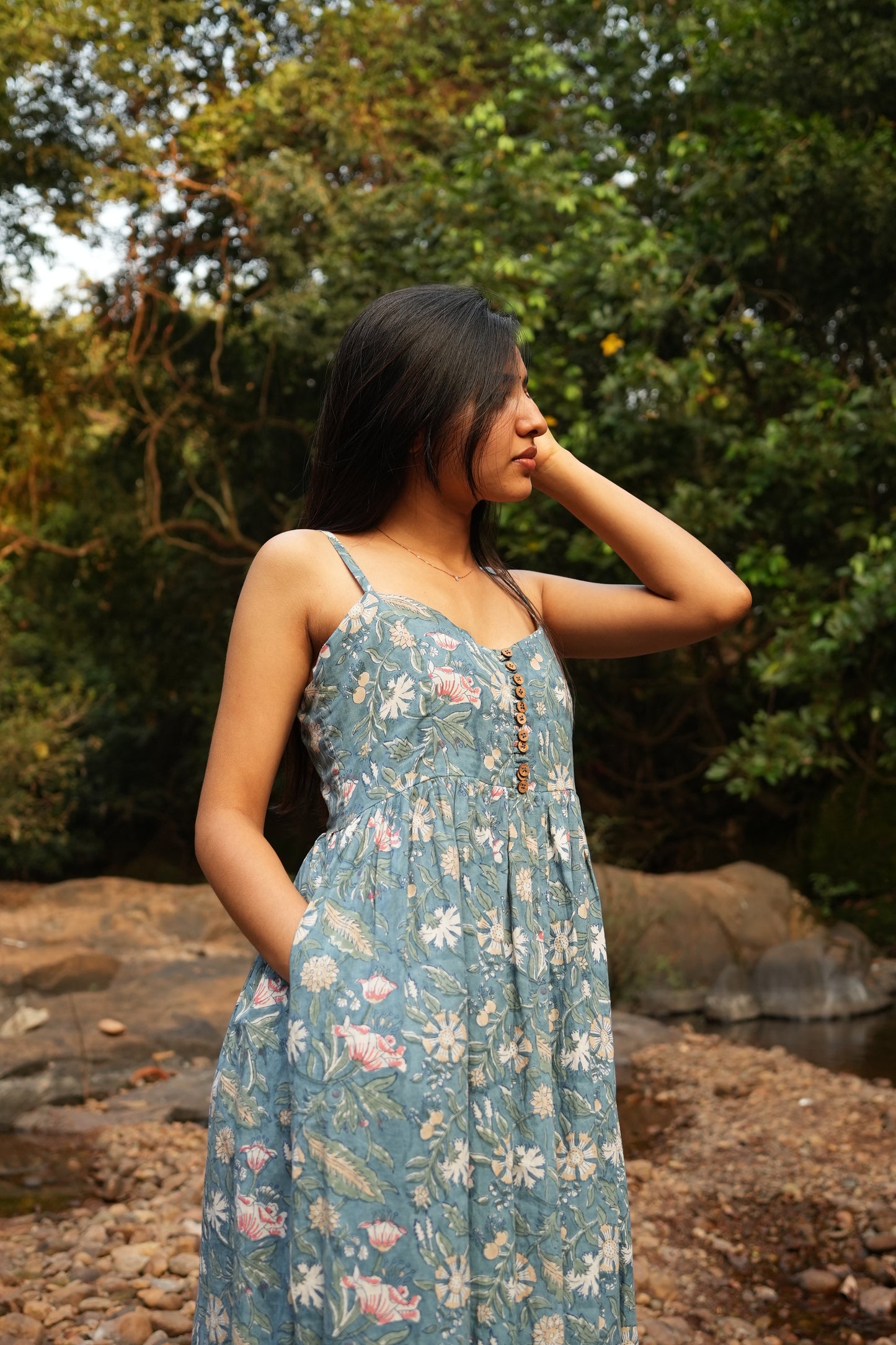 Cotton hand block print strap dress for women. Get perfect vacation photos. Shop Now!
