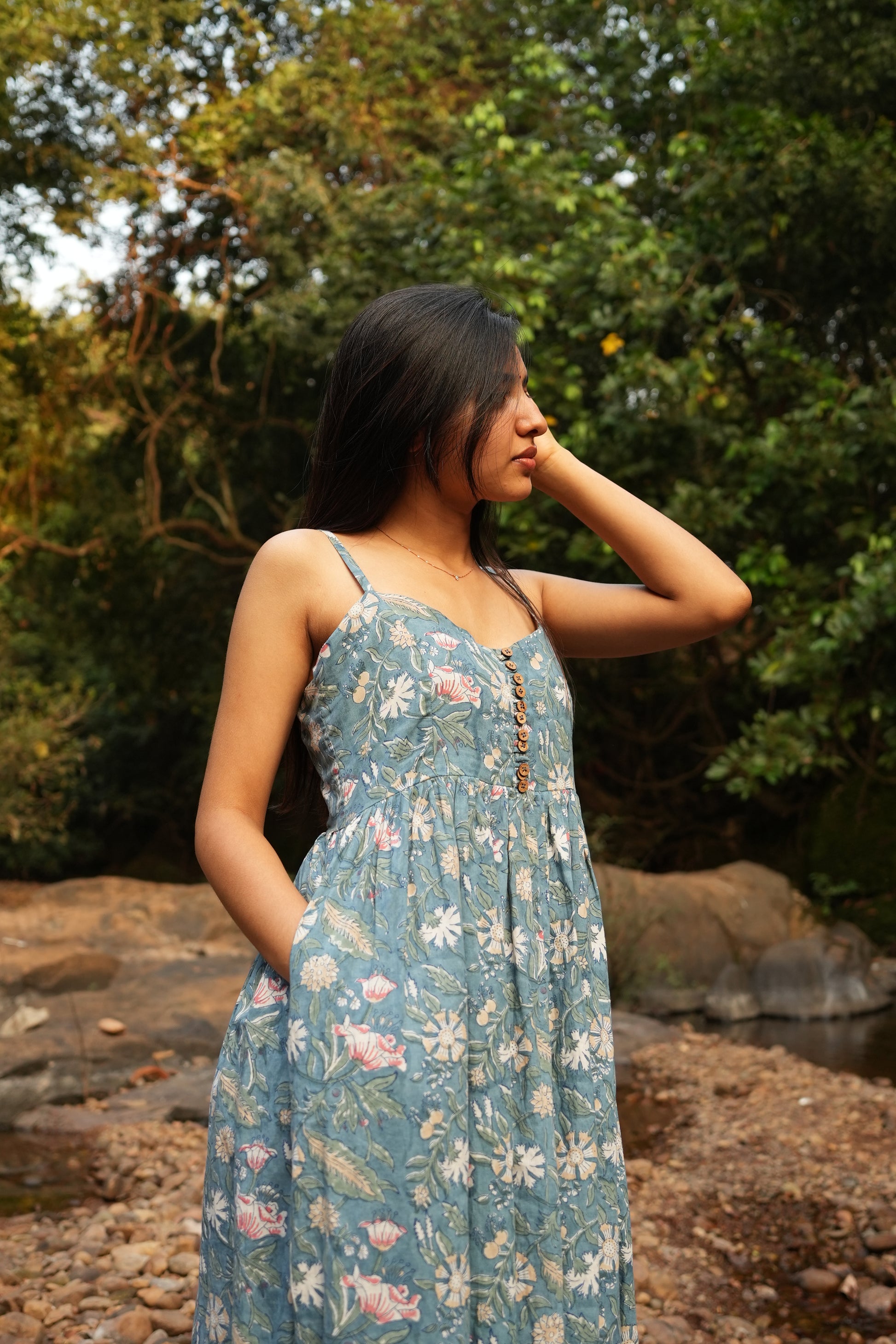 Cotton hand block print strap dress for women. Get perfect vacation photos. Shop Now!